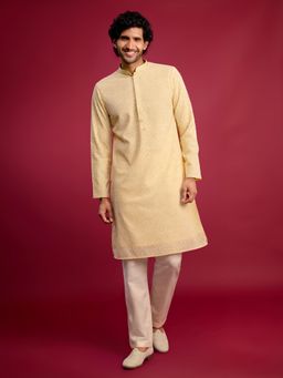 Vastramay - Yellow Embroidered Mandarin Neck Kurta With Pyjama