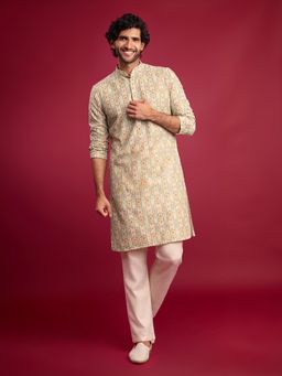 Vastramay - Green Embroidered Mandarin Neck Kurta With Pyjama