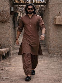 Vastramay - Brown Solid/Plain Mandarin Neck Pathani Kurta With Patiala