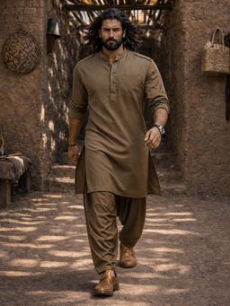 Vastramay - Olive Solid/Plain Mandarin Neck Pathani Kurta With Patiala