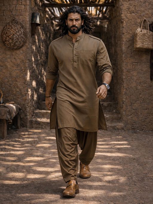 Vastramay Olive Solid/Plain Mandarin Neck Pathani Kurta With Patiala