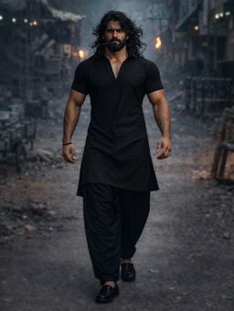 Vastramay - Black Solid/Plain Collar Neck Pathani Kurta With Patiala