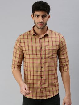 SHOWOFFFF - Men Roll-Up Sleeves Brown Tartan Checks Shirt