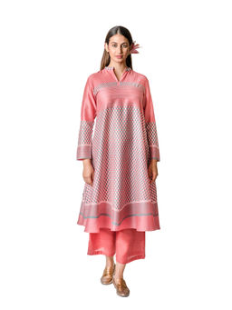 Krishna Mehta - Pink Chanderi Tunic With Geometric Block Printed Motifs