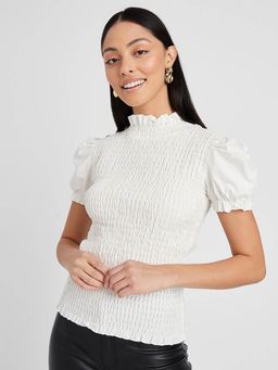 Styli - White High Neck Puff Short Sleeves Smocking Detail Top