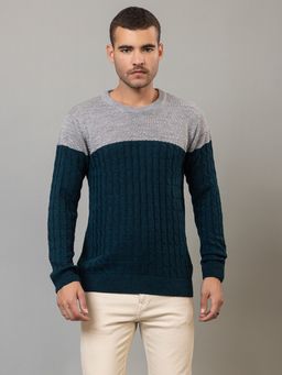 Club York - Teal Colourblocked Round Neck Sweater