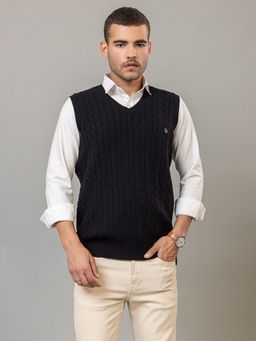 Club York - Black Sleeveless Textured V-Neck Sweater