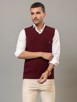 Club York - Maroon Sleeveless Textured V-Neck Sweater