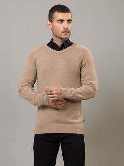 Club York - Beige Full Sleeve Solid Round Neck Sweater