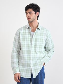 Styli - Men Checked Regular Fit Green Full Sleeve Shirt