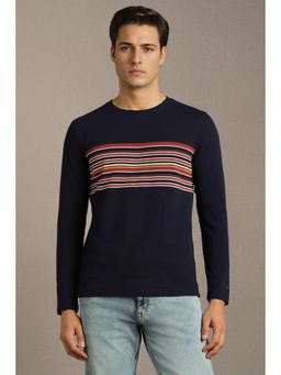 Louis Philippe - Men Navy Blue Stripe Crew Neck T-Shirt