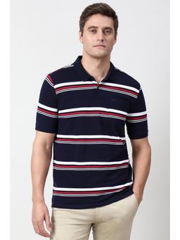 Peter England - Men Navy Blue Stripe Polo T-Shirt