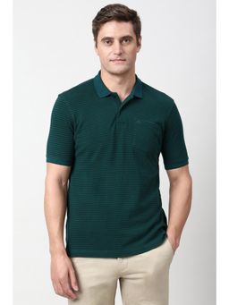 Peter England - Men Green Stripe Polo T-Shirt