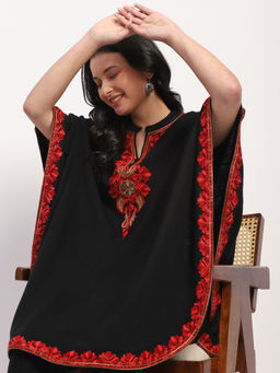 ME & I - Acrylic Embroidered Mandarin Neck Poncho For Women