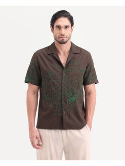 Rare Rabbit - Brown Embroidered Relaxed Shirt