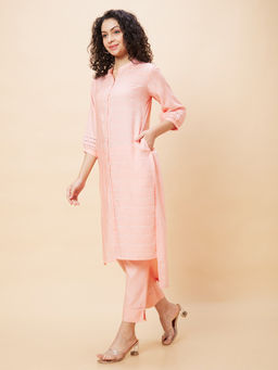 Globus - Peach Stripes Three Fourth Sleeves Mandarin Neck Kurta with Pant (Set of 2)