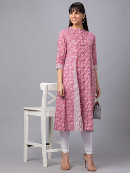 Globus - Pink Floral Three Fourth Sleeves Mandarin Neck Kurta