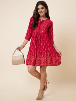 Globus - Women Red Sequinned Yoke Allover Printed Tie-Up Neck A-Line Dress With Flared Hem