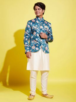 Vastramay - Boys Turquoise Cream Kurta with Jodhpuri & Pyjama (Set of 3)