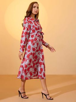 Globus - Women Red Floral Printed Collared Neck Midi Shirt Style Dress