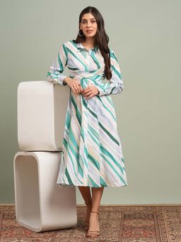 Globus - Women Green Collared Neck Abstract Print Midi Shirt Dress