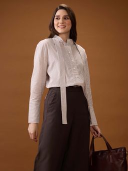 Globus - Women Brown Mandarin Collar Striped Workwear Shirt