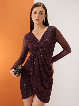 Globus - Women Maroon Wrap V-Neck Embellished Mini Bodycon Party Dress