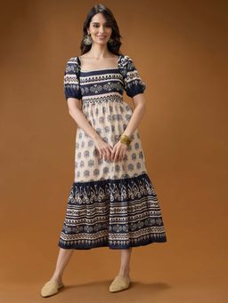 Globus - Women Blue Square Neck Fit and Flare Midi Dress