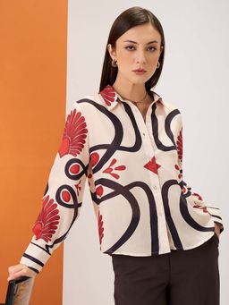 Globus - Women Beige Abstract Print Collared Oversized Party Shirt