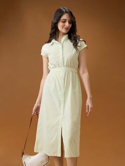 Globus - Women Green Collared Neck Striped Workwear Dress with Belt