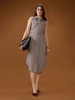 Globus - Women Brown Collared Neck Sleeveless Dress with Belt