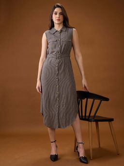 Globus - Women Black Collared Neck Sleeveless Dress with Belt