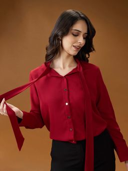 Globus - Women Red Collared Neck Tie Detail Cuff Sleeves Party Shirt