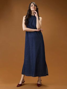 Globus - Women Dark Blue Round Neck Sleeveless Solid A-Line Maxi Dress