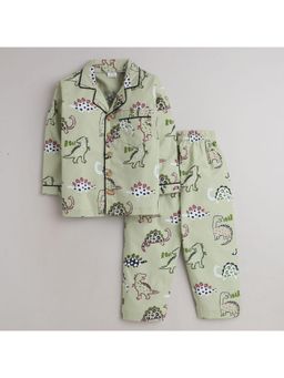Little Clothings - Printed Shirt With Collar Neck Paired With A Pyjama Green (Set of 2)