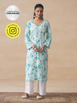 House of Chikankari - Green Hoc Mulmul Chikankari Printed Women's Long Kurta
