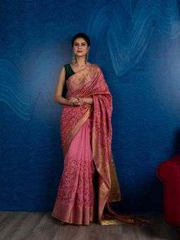 Beatitude - Pink Orange Paisley Zari Silk Blend Saree with Unstitched Blouse