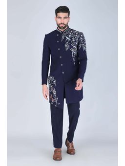 Denis Parkar - Navy Blue Hand Embroidered Designer Indowestern Jacket with Trouser (Set of 2)