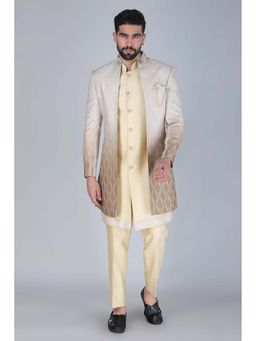 Denis Parkar - Pale Yellow Embroidered Kurta and Jacket with Trouser (Set of 3)