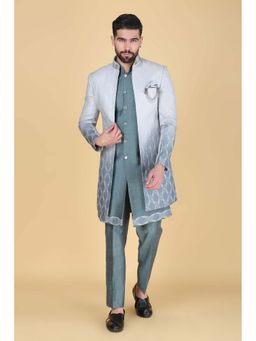 Denis Parkar - Steel Blue Embroidered Kurta and Jacket with Trouser (Set of 3)