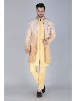 Denis Parkar - Yellow Ombre Embroidered Kurta and Jacket with Trouser (Set of 3)