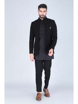 Denis Parkar - Black Hand Embroidered Short Kurta and Jacket with Trouser (Set of 3)