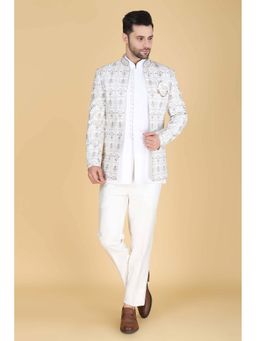 Denis Parkar - White Embroidered Short Kurta and Jacket with Trouser (Set of 3)