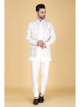 Denis Parkar - White Embroidered Short Kurta and Jacket with Trouser (Set of 3)