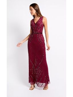 Little Mistress - Cherry Red Embellished Deco Maxi Dress
