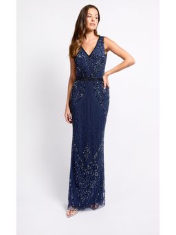 Little Mistress - Navy Embellished Deco Maxi Dress