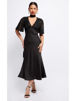 Little Mistress - Black Sequin and Satin Midaxi Dress
