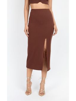 Little Mistress - Brown Embellished Slinky Midi Skirt
