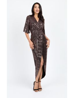 Little Mistress - Black Foil Mock Wrap Maxi Dress