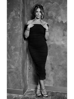 Little Mistress - Black Mesh Ruched Bardot Midi Dress